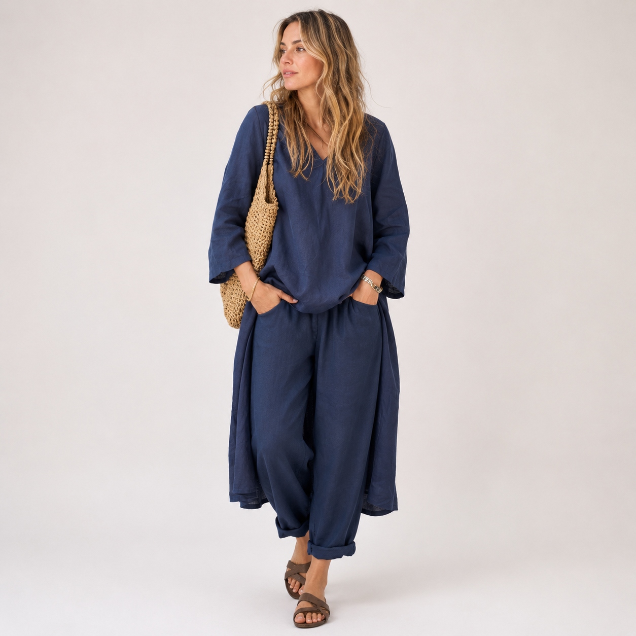 Hør Sæt Dame 2-Delt – Oversized V-Hals Top og Vidben Bukser