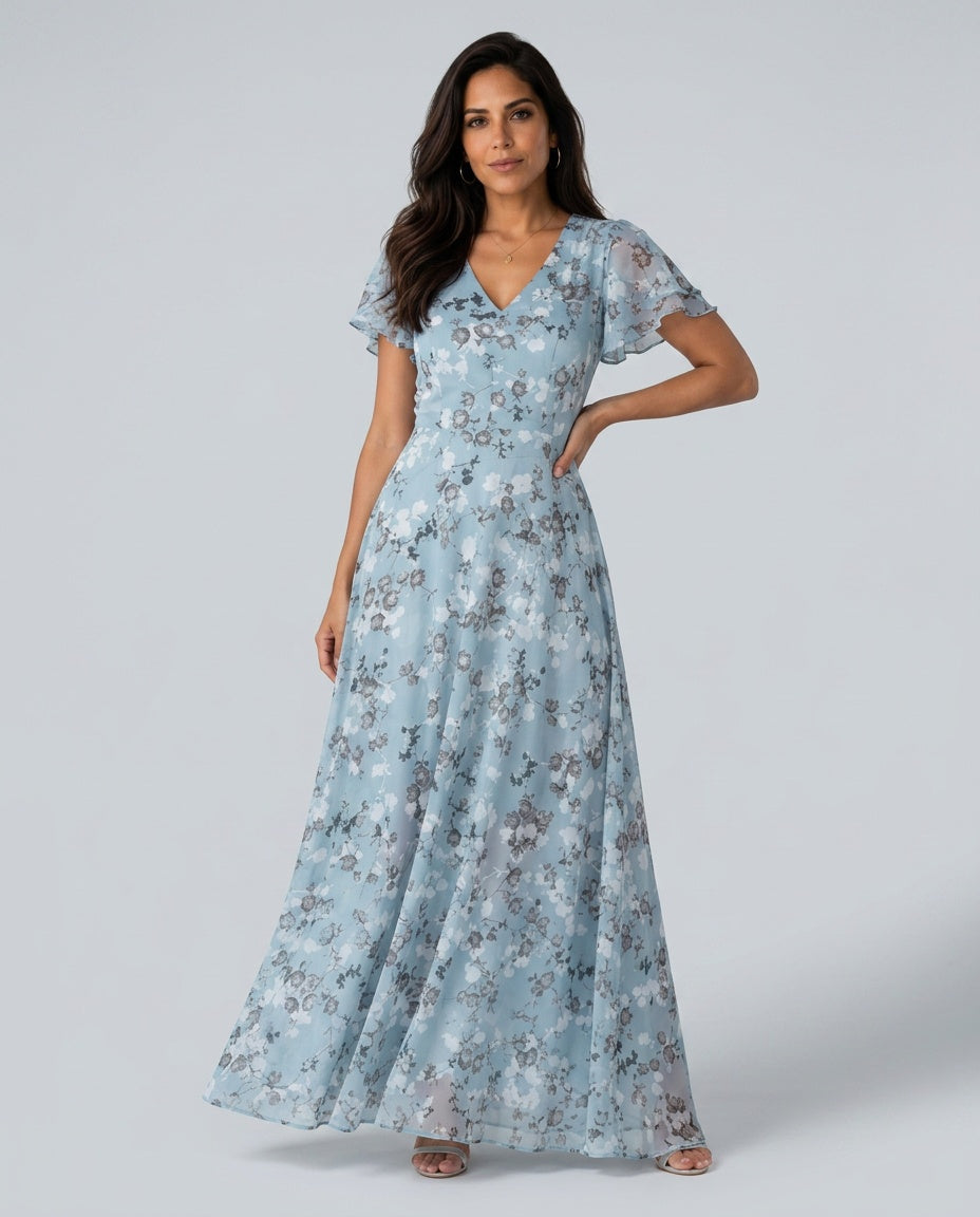 Floral Maxi Dress Women – Butterfly Sleeve A-Line Dress