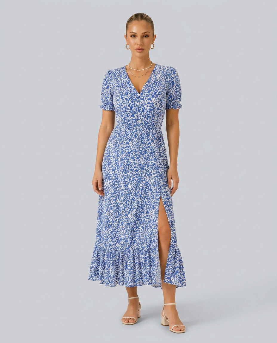 Blomstret Maxikjole Dame – V-Hals med Knapper Fortil