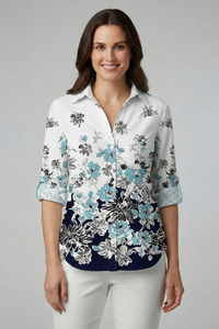 Bluse Dame Bladprint – Skjortebluse med Knaplukning