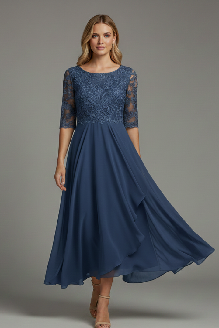 Blondekjole Midi Dame – Bryllupsgæstkjole med Korte Ærmer