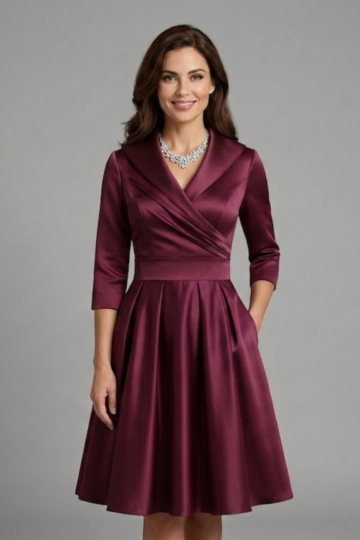 Satin Cocktail Midi Dress Women – Pleated Waist V-Neck