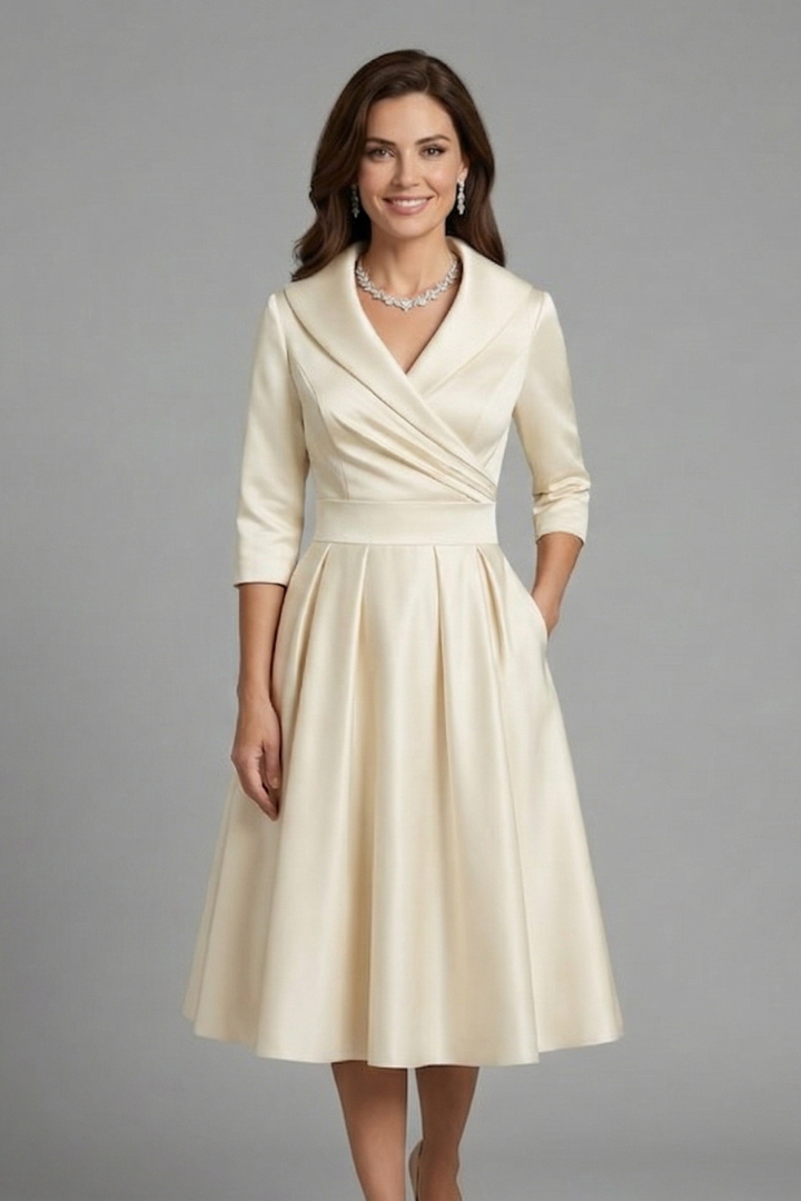 Satin Cocktail Midi Dress Women – Pleated Waist V-Neck
