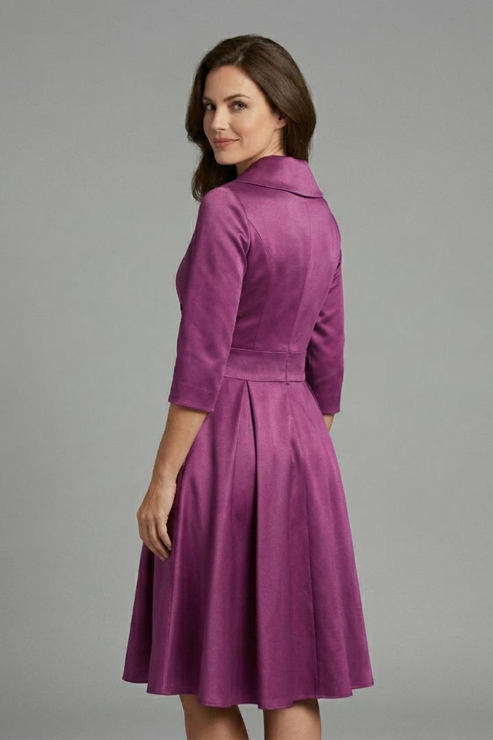 Satin Cocktail Midi Dress Women – Pleated Waist V-Neck