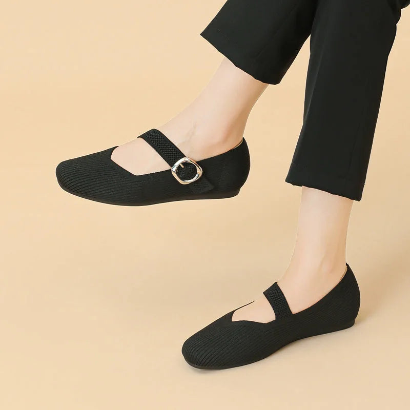 Women's Mary Jane Flat Shoes Knit Breathable Comfort Square Toe