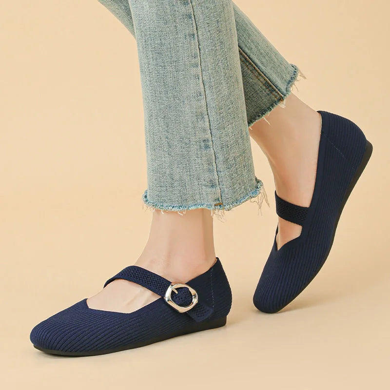 Women's Mary Jane Flat Shoes Knit Breathable Comfort Square Toe