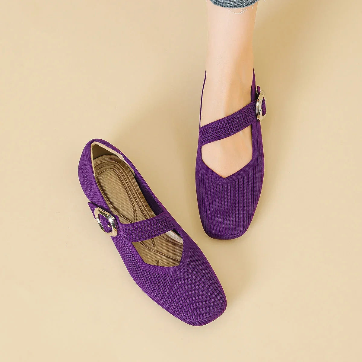 Women's Mary Jane Flat Shoes Knit Breathable Comfort Square Toe