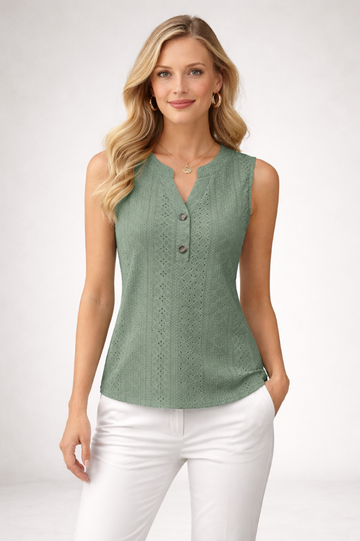 Bezrękawowa Bluzka Damska V-Neck – Ażurowa Bluzka Broderie Anglaise