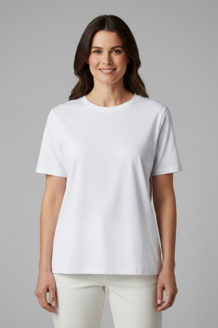 T-Shirt Damski z Okrągłym Dekoltem – Bazowy Top z Krótkim Rękawem