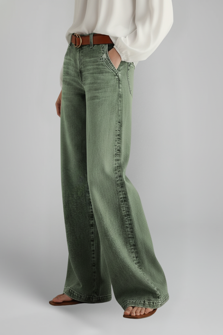 Szerokie Jeansy Damskie z Wysokim Stanem – Zielony Denim