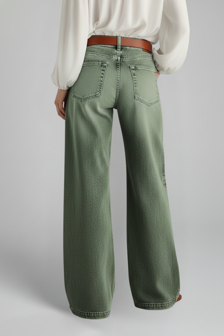 Szerokie Jeansy Damskie z Wysokim Stanem – Zielony Denim