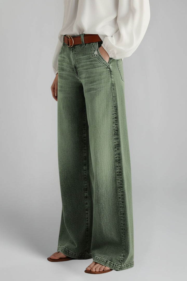 Szerokie Jeansy Damskie z Wysokim Stanem – Zielony Denim