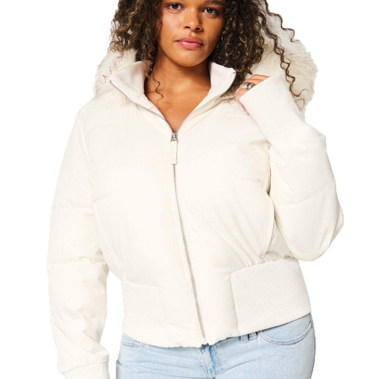 Women's Cropped Puffer Jacket – Quilted, Removable Hood, Faux Fur