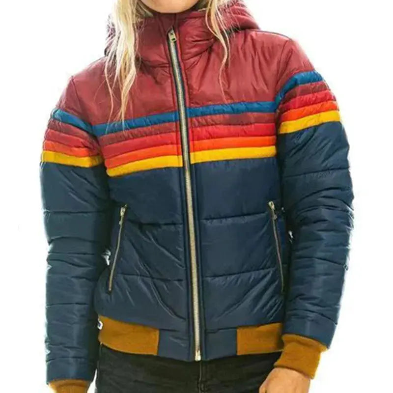 Tilde Puffer Jakke Dame – Vinterjakke med Hætte og Retro Striber  Panorla