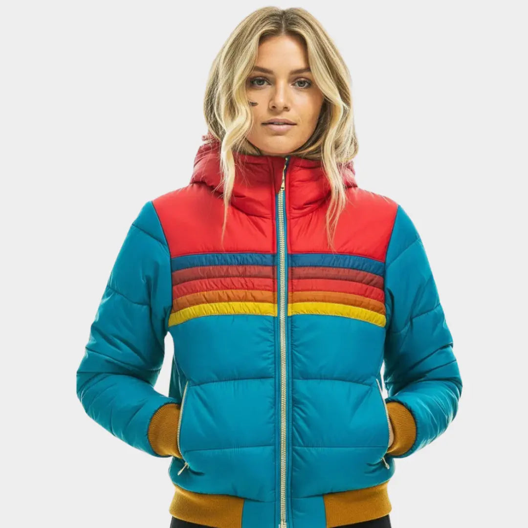Tilde Puffer Jakke Dame – Vinterjakke med Hætte og Retro Striber  Panorla
