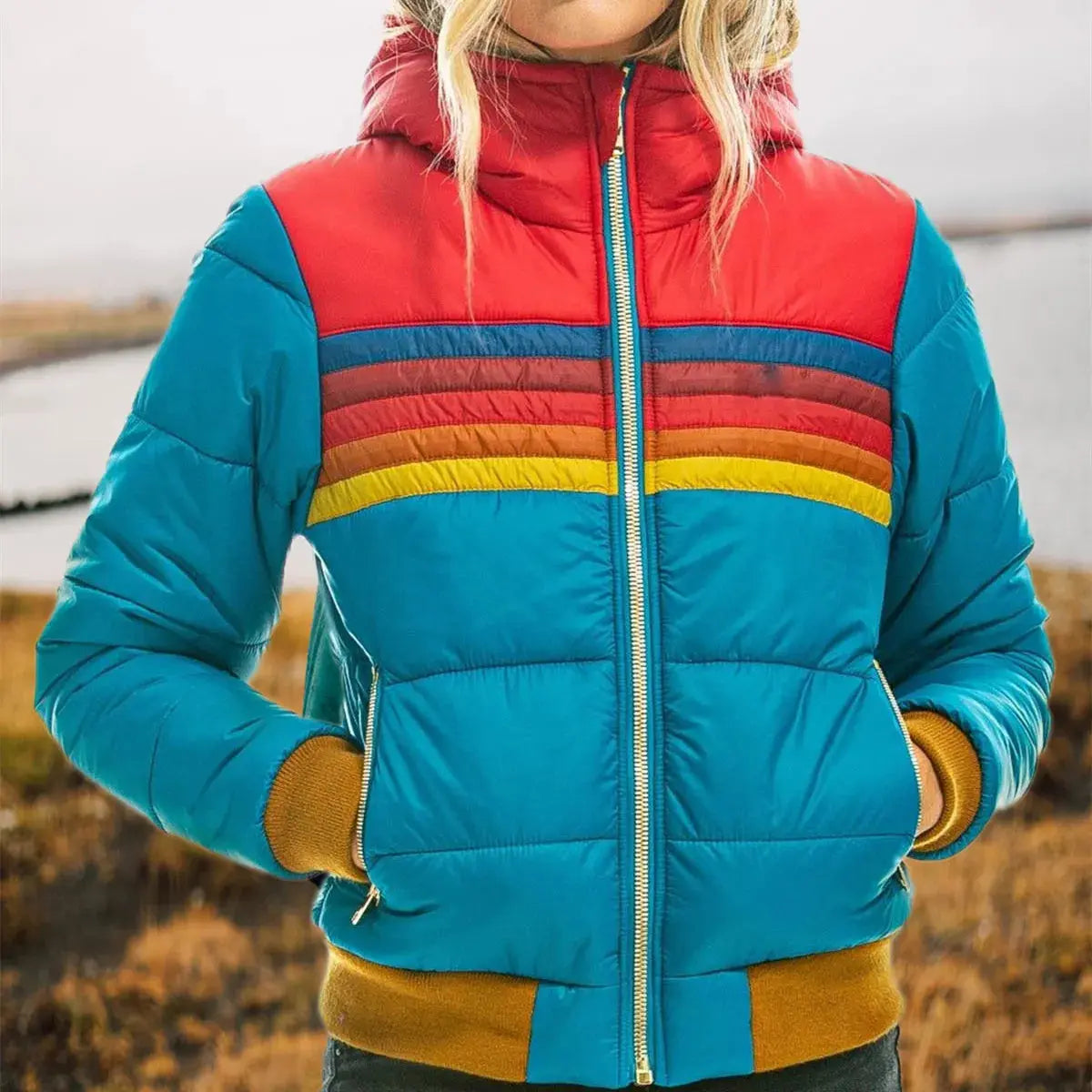 Tilde Puffer Jakke Dame – Vinterjakke med Hætte og Retro Striber  Panorla
