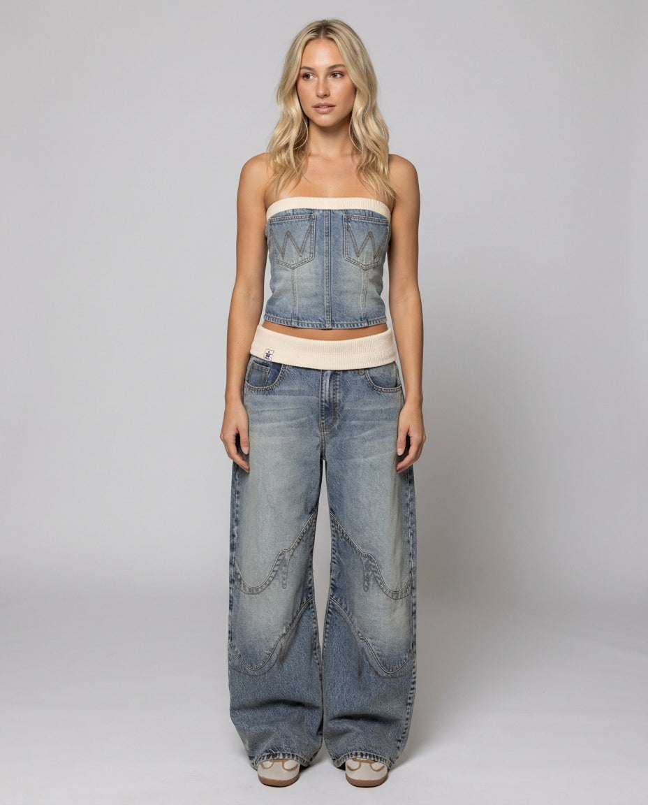 Wide Leg Jeans Dame Højtaljede – Kontrastbund, Lyseblå Vask