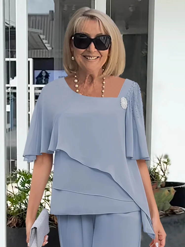 Women's Chiffon 2 Piece Outfit – Mother of the Bride Pants Set | Wedding Guest Formal Occasion Wear – Dusty Blue