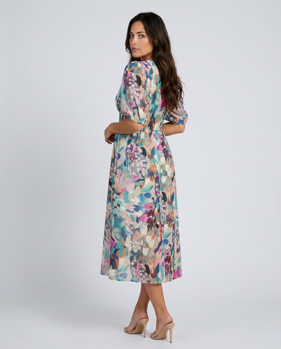 Puff Sleeve Midi Dress Women – V-Neck Pleated Abstract Dress