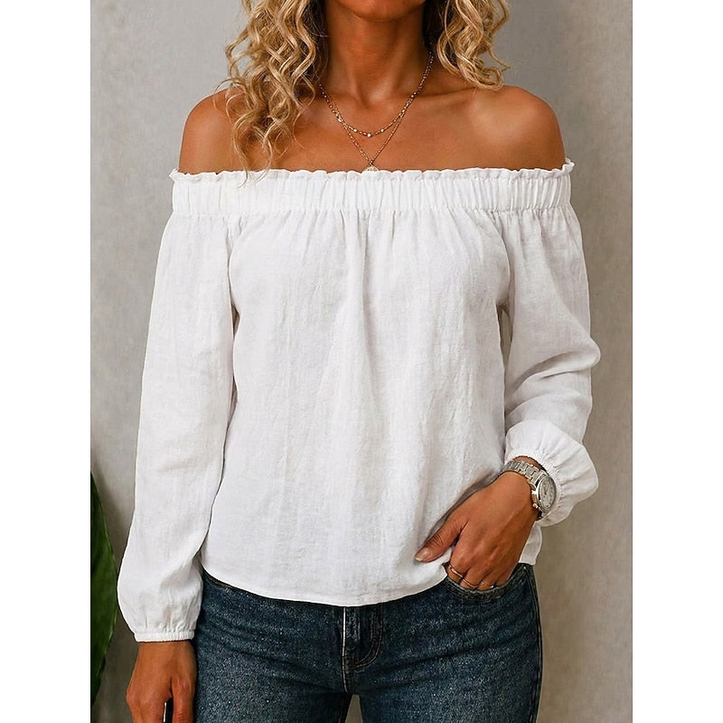 Off-Shoulder Top Dame – Bardotbluse med Volan og Lange Ærmer