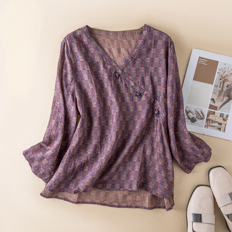 Paisley Bluse Dame – V-Hals Langærmet Hverdagsbluse