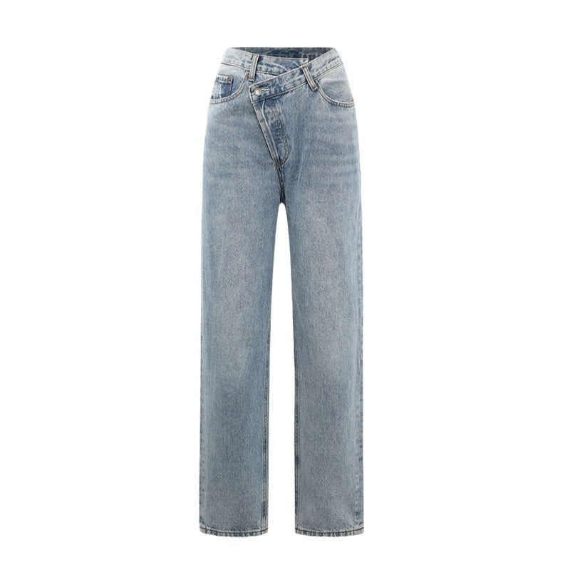 Vide Jeans Dame – Crossover Talje Højtaljede Jeans i Lys Denim