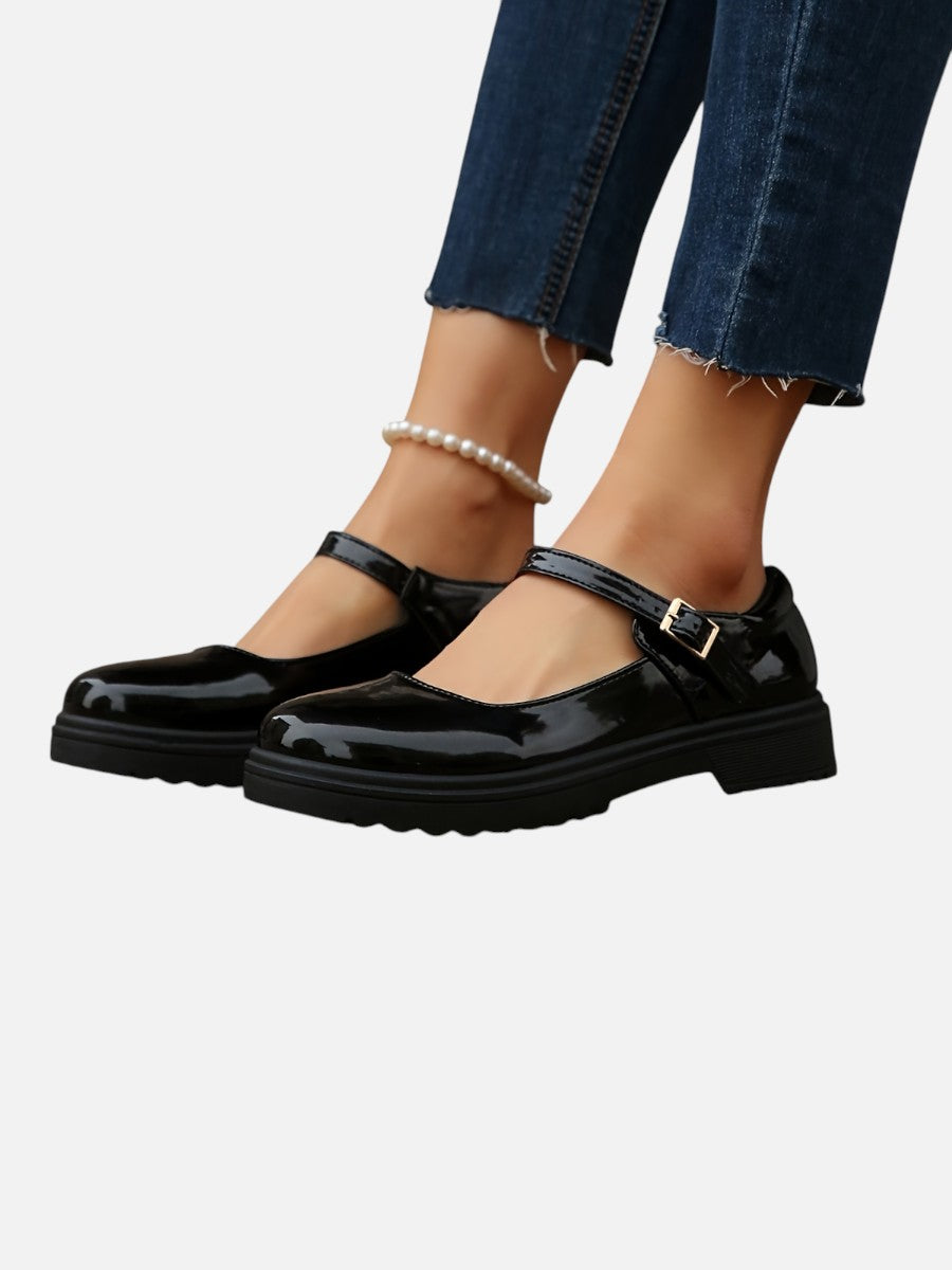 Mary Jane Loafers Women – Glossy Black Flats with Strap