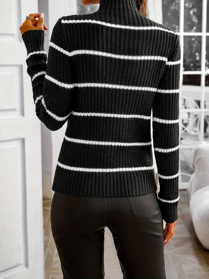 Women's Ribbed Roll Neck Jumper – Striped, Fitted, Cotton Blend