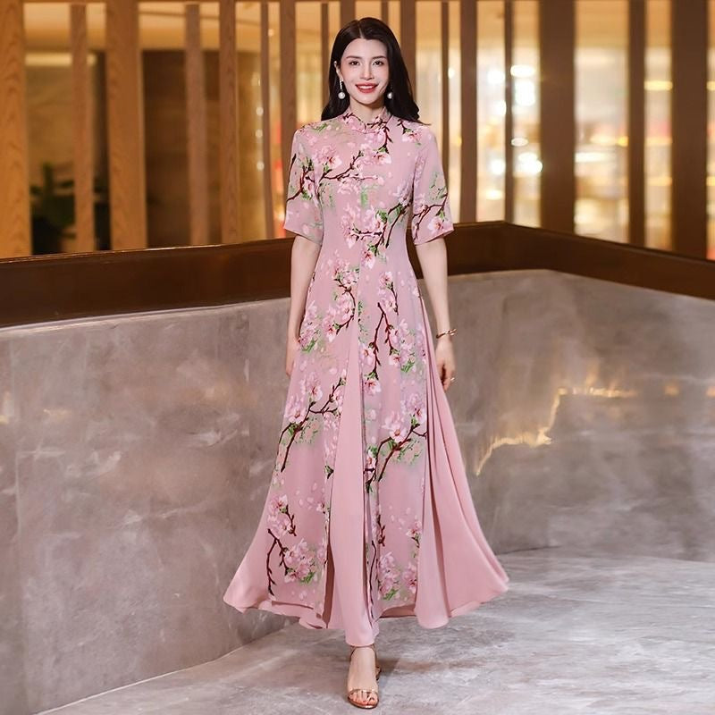 Floral Print Maxi Races Dress Women – Pink