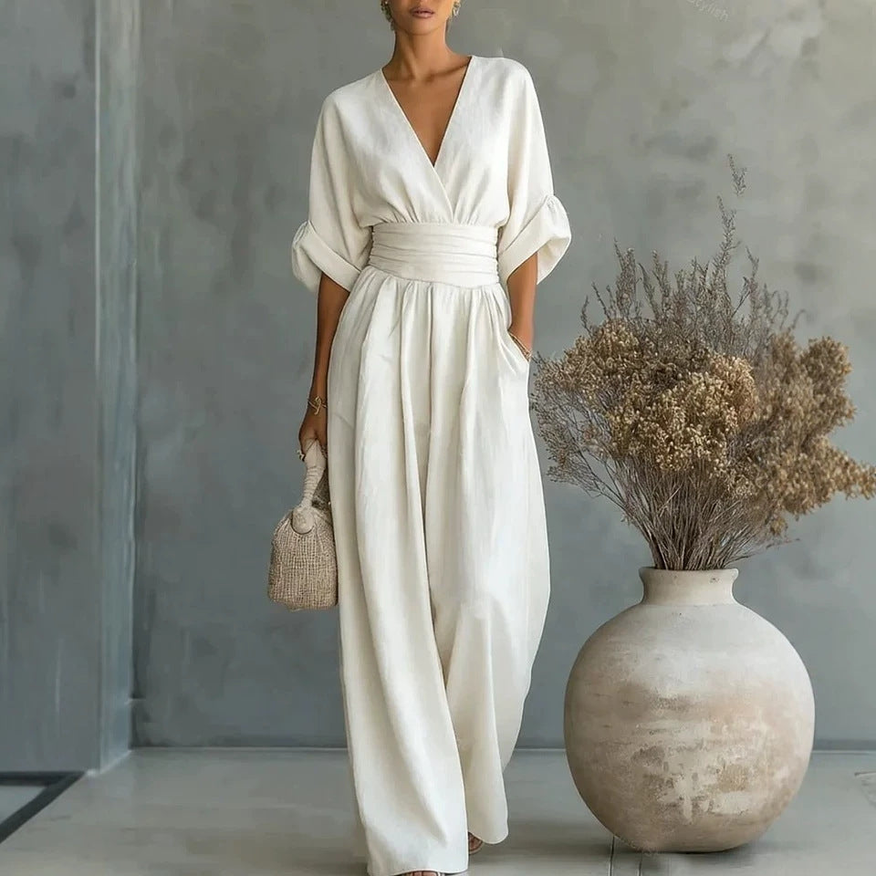 Wide-Leg Jumpsuit Women – V-Neck Cinched Waist Linen-Look Jumpsuit