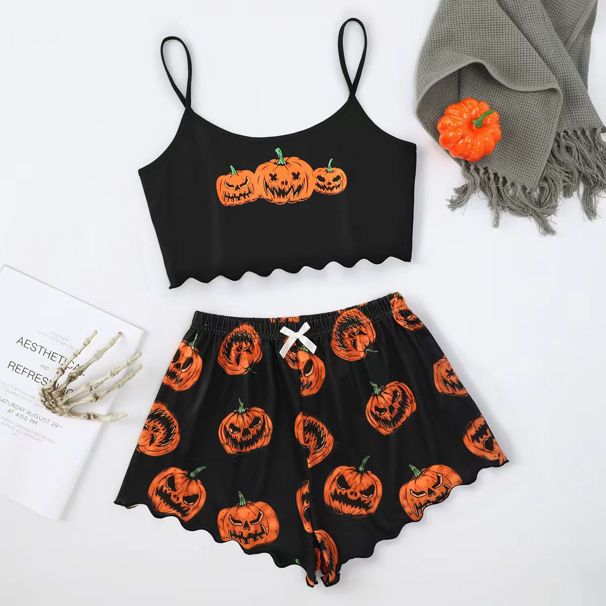 Halloween Pyjamas Dame Sæt – Græskar Print Nattøj med Cami og Shorts