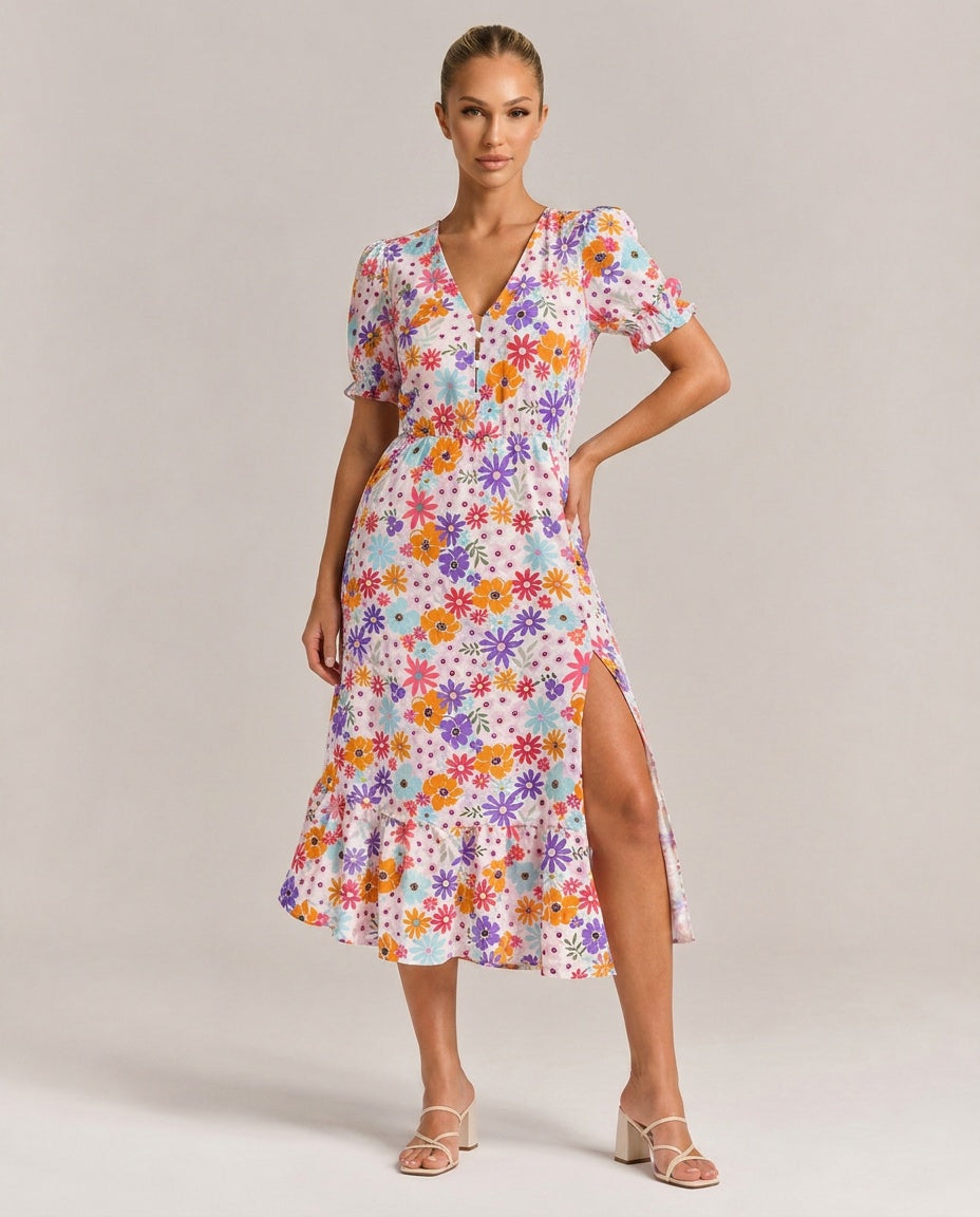 Blomstret Maxikjole Dame – V-Hals med Knapper Fortil