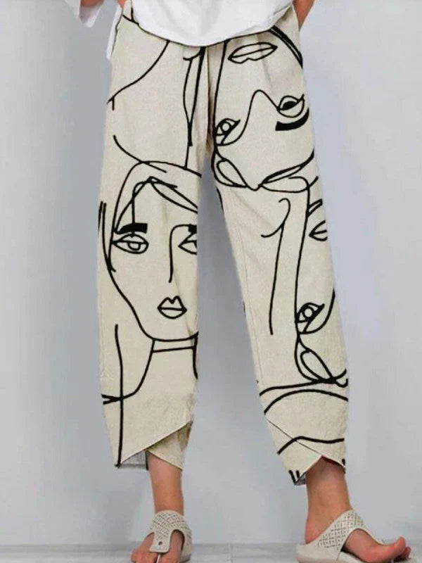 Barrel Leg Pants Women – Abstract Face Print Linen Blend, Cream