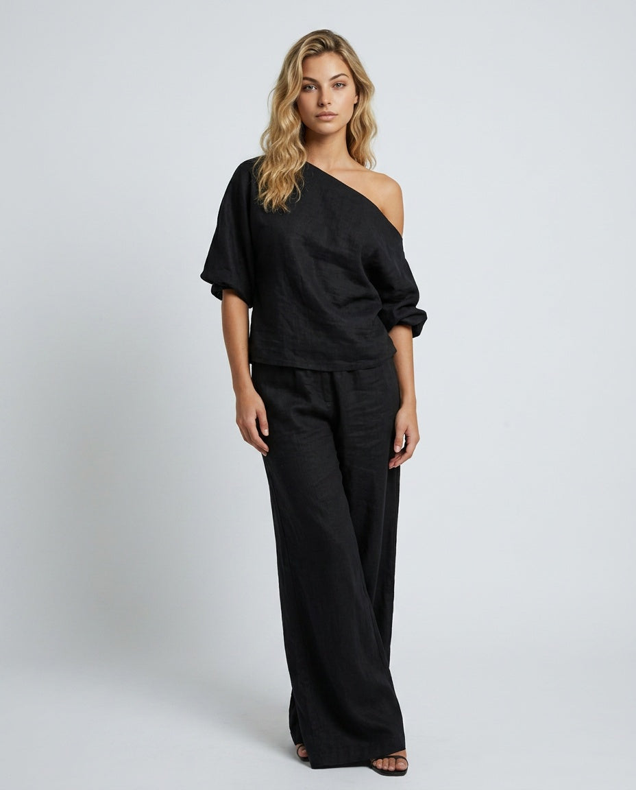 Sæt Dame One-Shoulder – Hørlook Top og A-formet Maxinederdel
