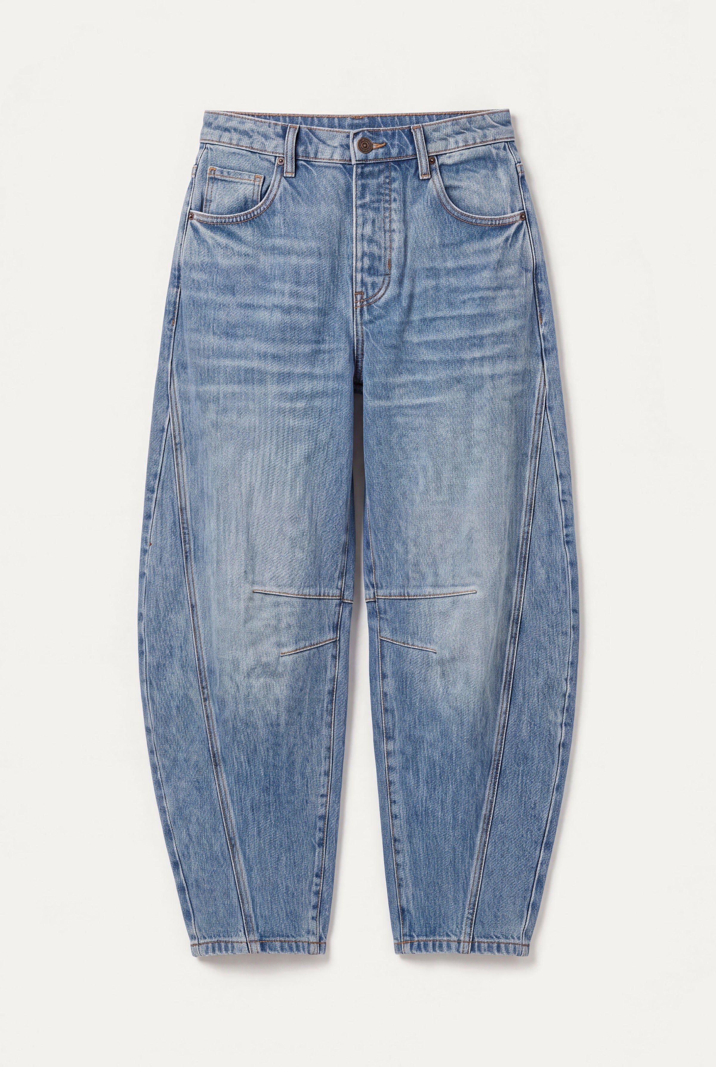 Barrel leg jeans dame i blå denim, produktbillede lagt fladt