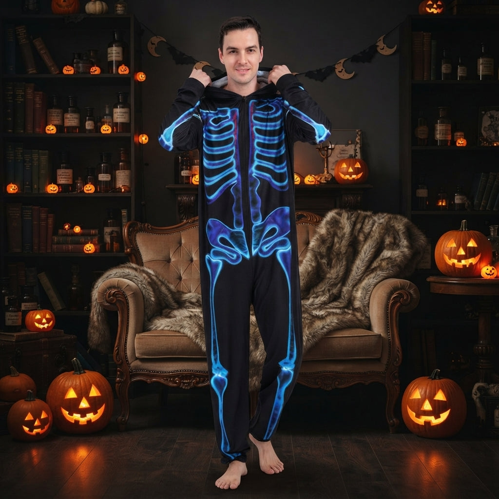 Halloween Onesie Unisex – Sort Skelet Jumpsuit i Ét Stykke
