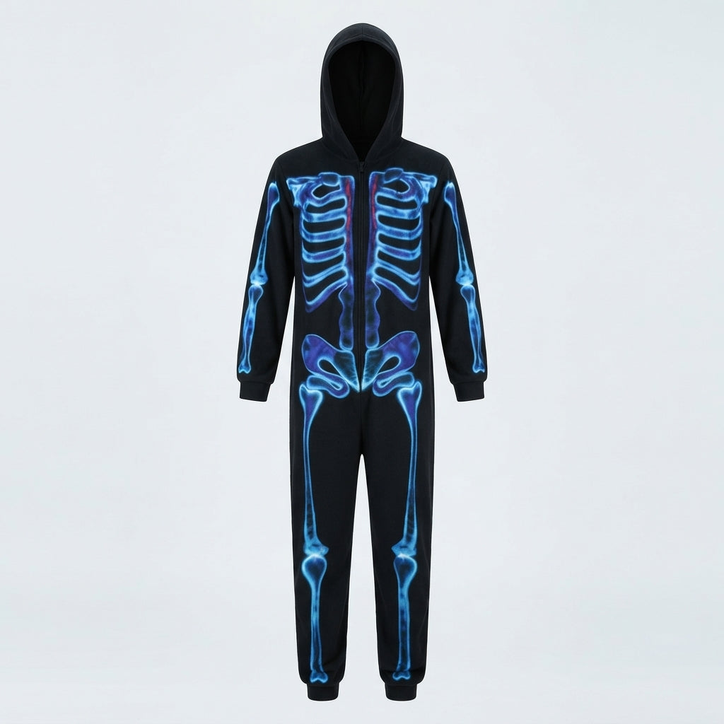 Halloween Onesie Unisex – Sort Skelet Jumpsuit i Ét Stykke