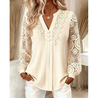Blondebluse Dame – V-hals Bluse med Knapper og Lange Ærmer