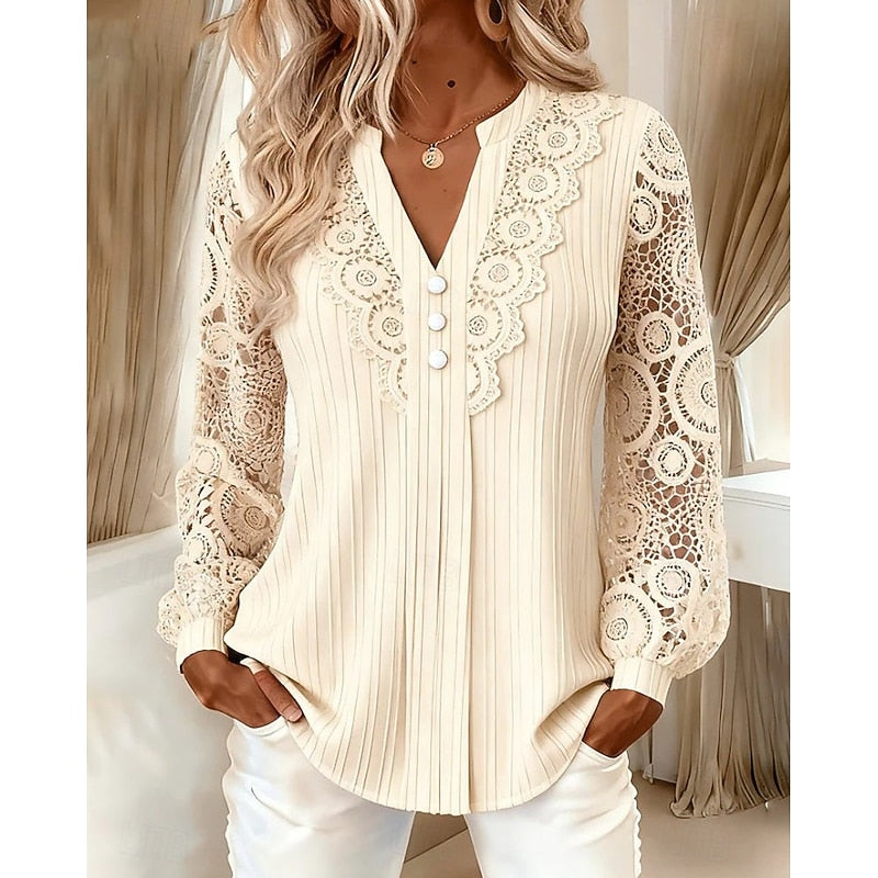Blondebluse Dame – V-hals Bluse med Knapper og Lange Ærmer