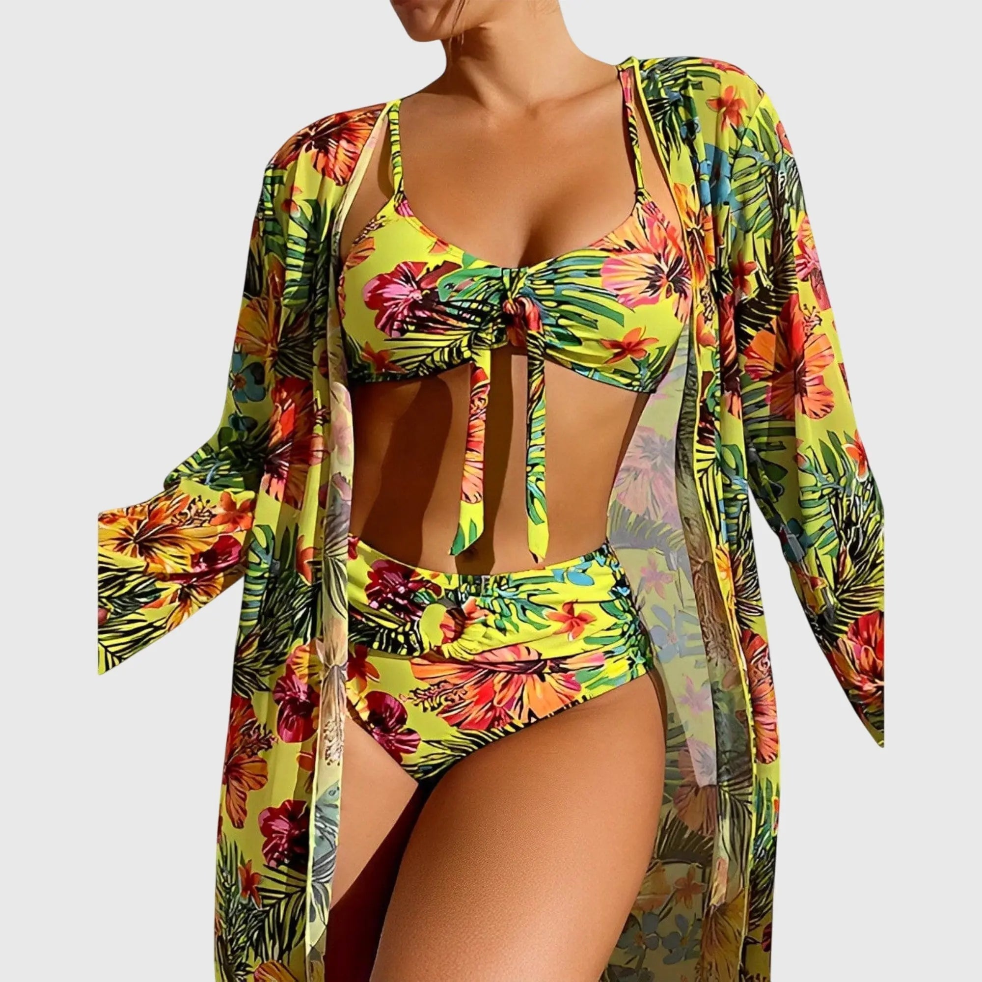 Tropisk Print | 3-Dele Bikini Sæt med Justerbar Top | Høj Talje for Komfort ved Strand og Pool 1