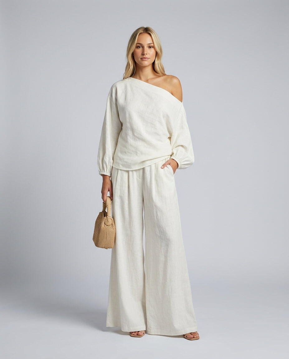 Sæt Dame One-Shoulder – Hørlook Top og A-formet Maxinederdel