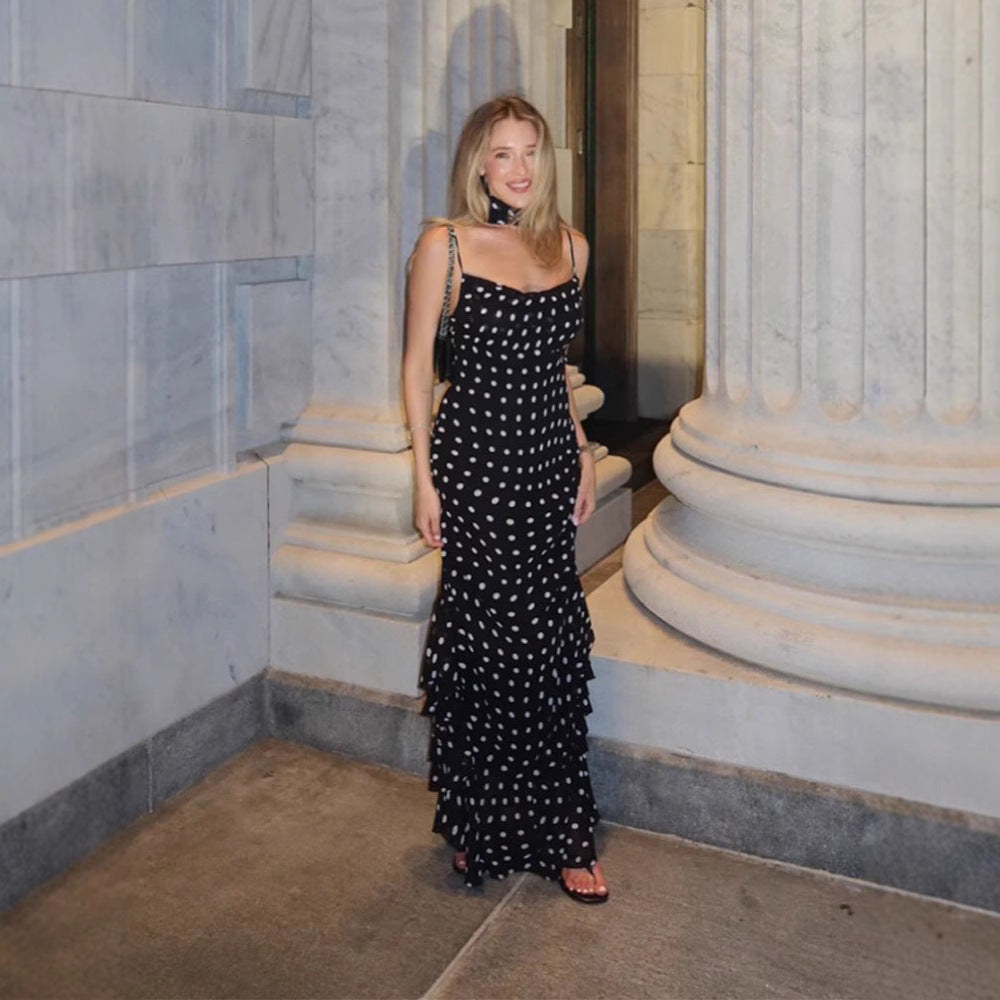 Prikket Maxikjole Dame Sort – Elegant med Prikker
