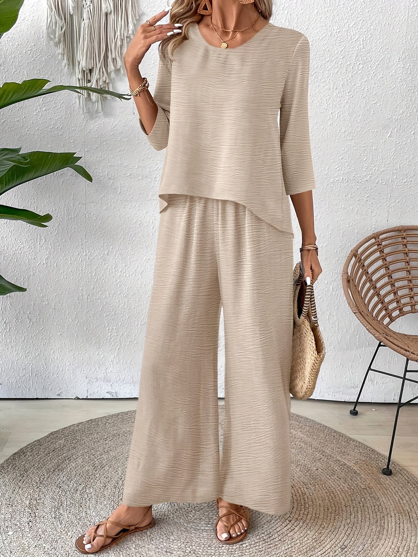 Two-Piece Set Women – 3/4 Sleeve Top & Wide-Leg Pants Vacation Set