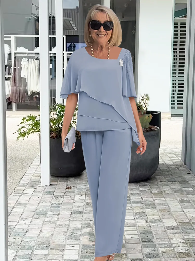 Women's Chiffon 2 Piece Outfit – Mother of the Bride Pants Set | Wedding Guest Formal Occasion Wear – Dusty Blue