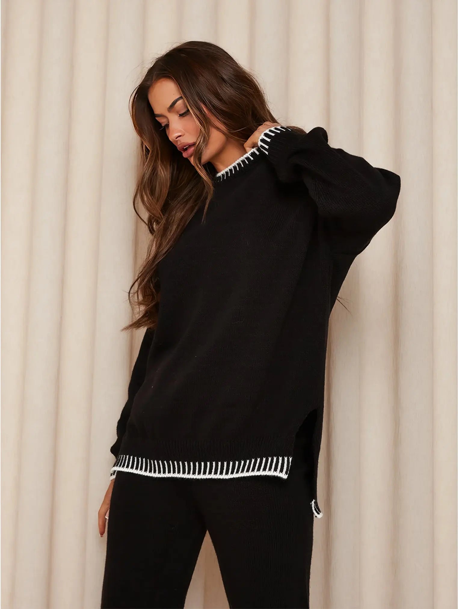 Strik Hjemmesæt Dame 2-Delt – Oversized Sweater og Vidben Bukser