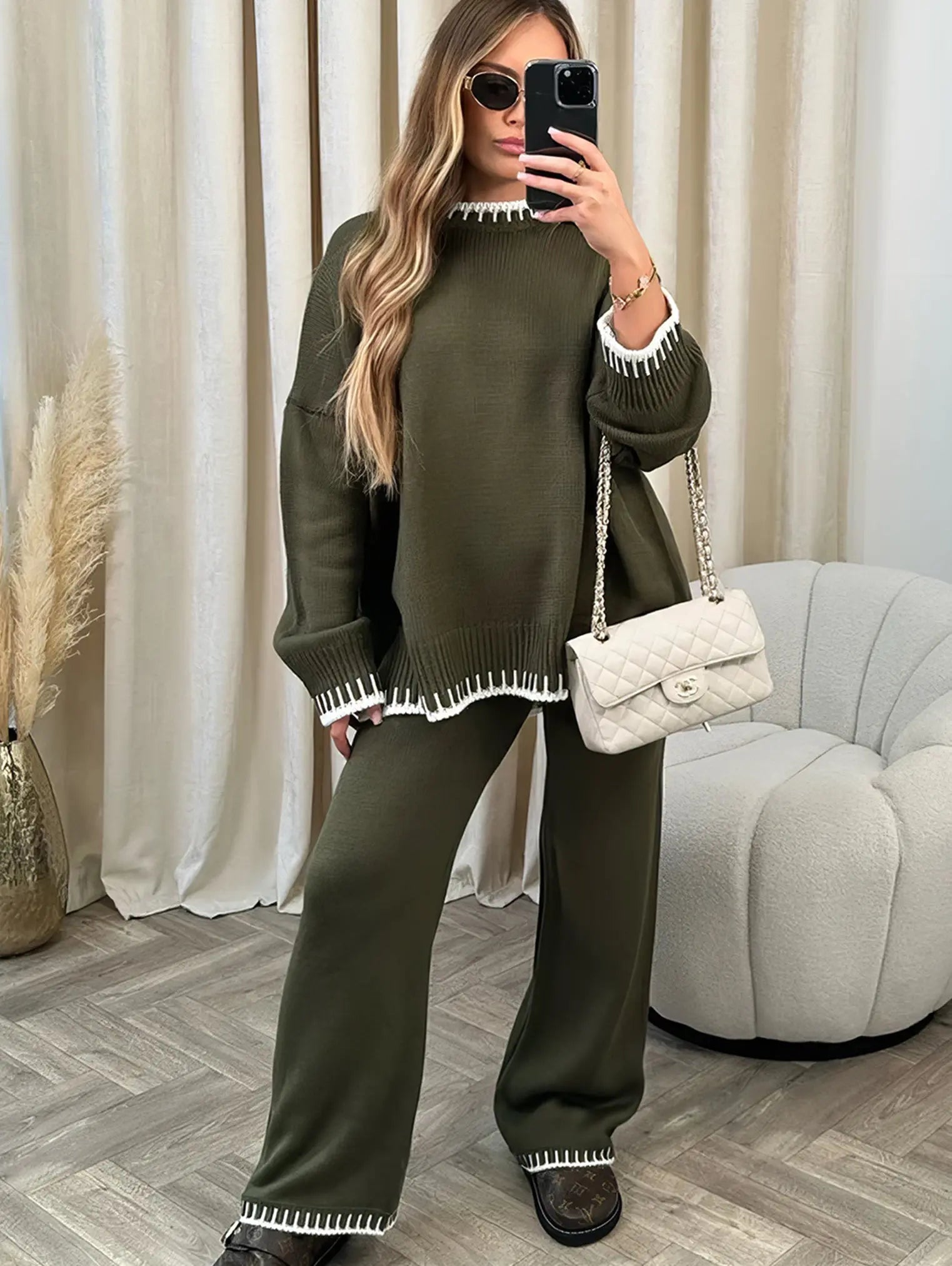 Strik Hjemmesæt Dame 2-Delt – Oversized Sweater og Vidben Bukser
