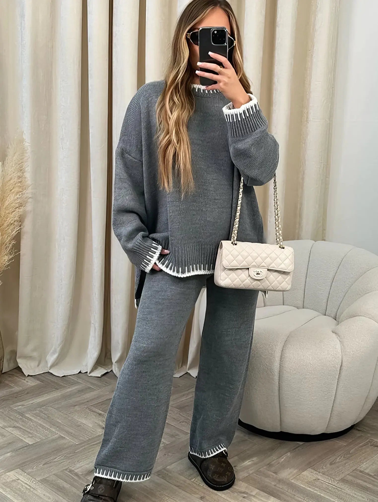 Strik Hjemmesæt Dame 2-Delt – Oversized Sweater og Vidben Bukser