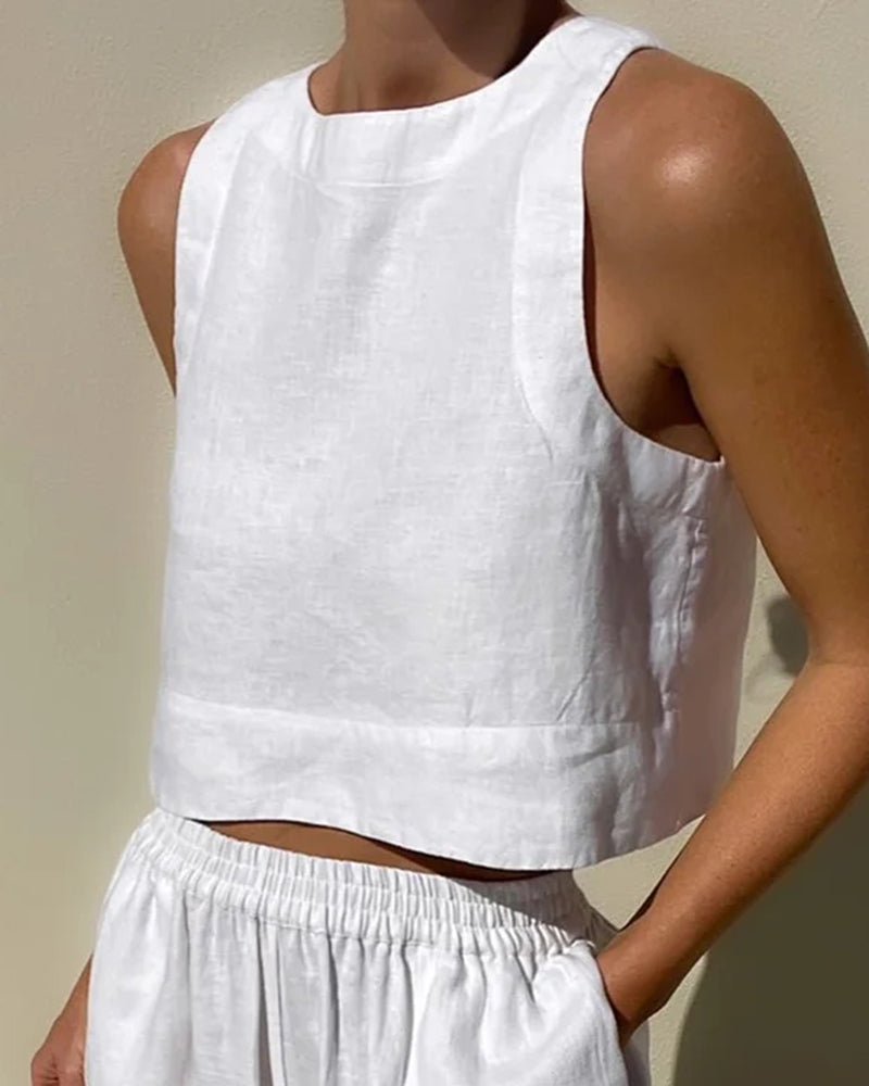 Bomuld-Hør Sæt Dame 2-Delt – Crop Top og Brede Bukser