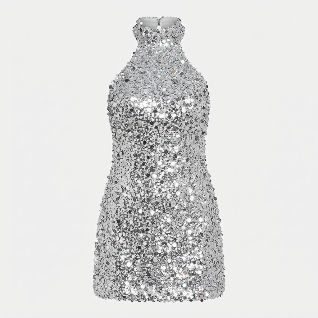 Cekinowa Sukienka Mini Damska z Dekoltem Halter – Sukienka Koktajlowa w Srebrze