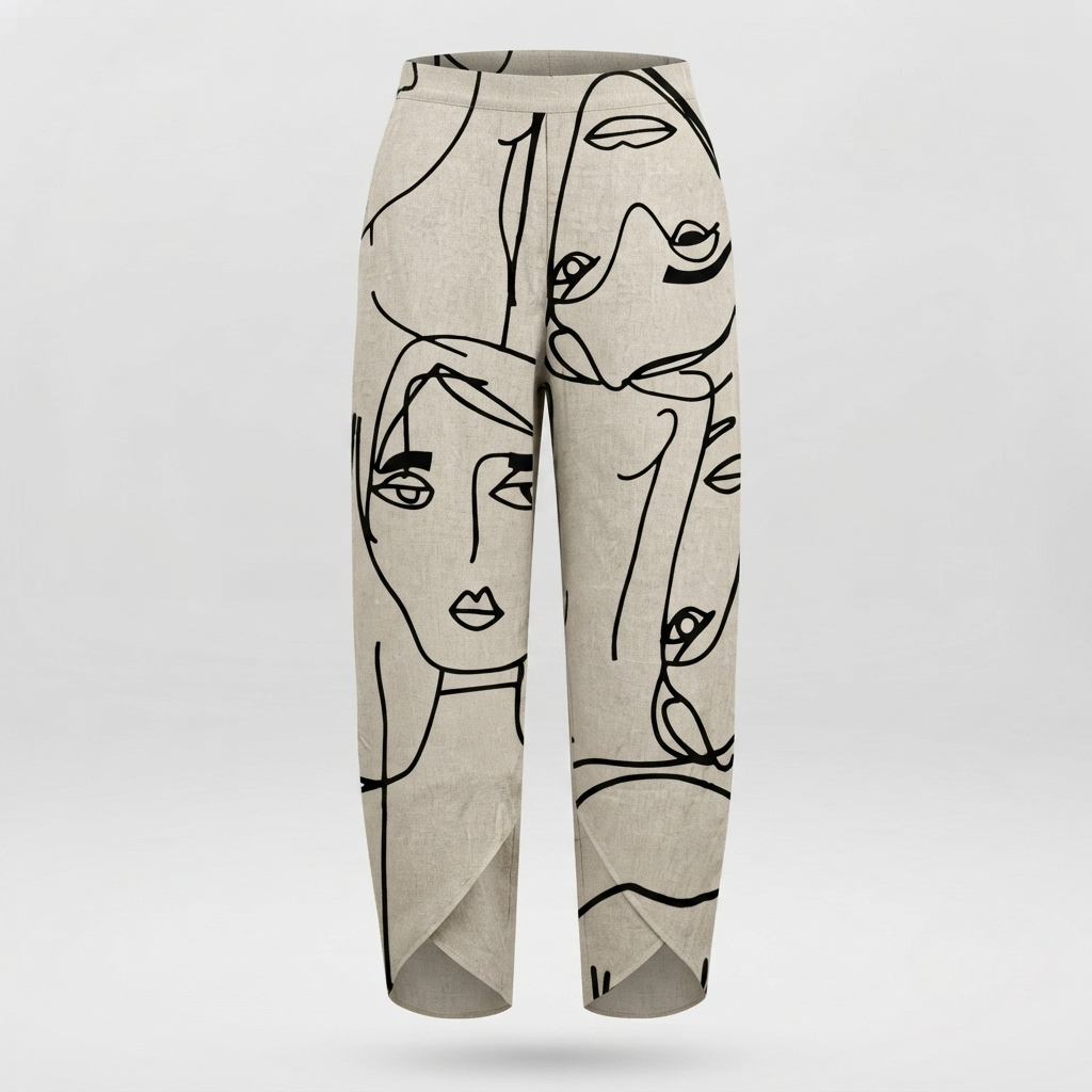 Barrel Leg Pants Women – Abstract Face Print Linen Blend, Cream